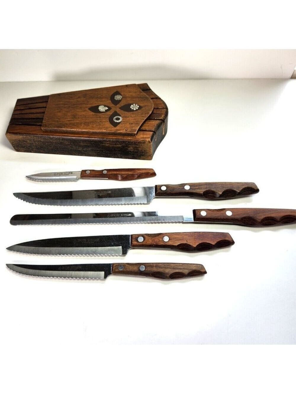 Vintage Imperial Japan Knife Block Hand Carved Inlaid Wood Wall Set 1960s MCM - Picture 6 of 11